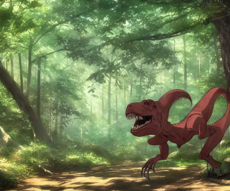 Image similar to t - rex in a forest, anime fantasy illustration by tomoyuki yamasaki, kyoto studio, madhouse, ufotable, comixwave films, trending on artstation