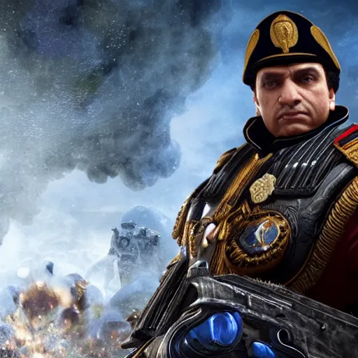 Image similar to muammar kadhafi as emperor napoleon in gears of war, splash art, movie still, detailed face, cinematic lighting, dramatic, octane render, long lens, shallow depth of field, bokeh, anamorphic lens flare, 8 k, hyper detailed, 3 5 mm film grain