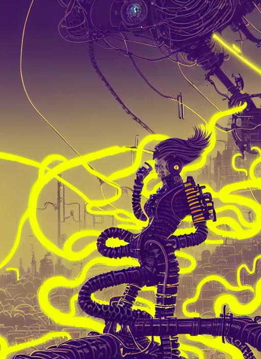 Image similar to highly detailed portrait of wasteland punk long curly bright yellow and white plasma electricity hair tribal lady, stray electric spark wiring by atey ghailan, james gilleard, by joe fenton, by greg rutkowski, by greg tocchini, by kaethe butcher, 4 k resolution, gradient yellow, black and white color scheme!!! ( ( lightning cloudy robotic dystopian city background ) )