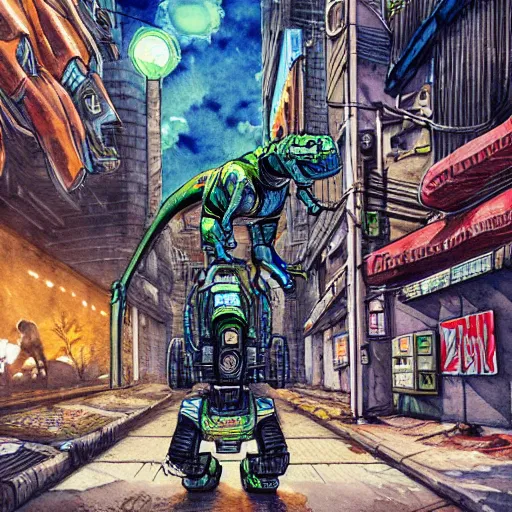 Image similar to hyper-detailed, intricate, full colour watercolor of a mecha dinosaur standing at a ghetto street corner with graffiti in the background, night, city, dark, cyberpunk, 240z, r34, impreza