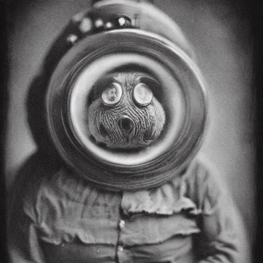 Image similar to tardigrade!!! humanoid. daguerreotype portrait photograph. inspired by gerard grom and ansel adams. beautiful. cute. happy. highly detailed. old timey.