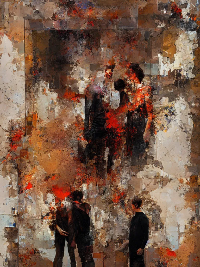 Image similar to a beautiful painting by alex kanevsky and christian hook of a couple in front of a mirror in a glitched bathroom, metal rust and plaster materials, pixel sorting, color bleeding, brushstrokes by jeremy mann