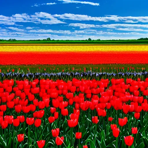 Image similar to A 4k photo of a field of tulips, blue skies, high contrast, early morning