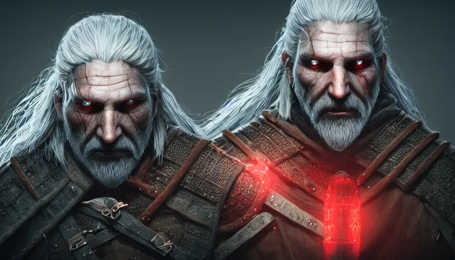 Image similar to a digital art portrait of an old pale warrior with glowing red eyes and grey beard character design from dark souls, old witcher character sheet, 4 k, ultra detail, volumetric lighting, unreal engine, octane render