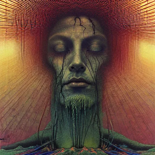 Image similar to the cult leader stands at the altar as sunlight pours into his open arms, high detailed beksinski painting, by adrian ghenie and gerhard richter. art by takato yamamoto. masterpiece, deep colours.