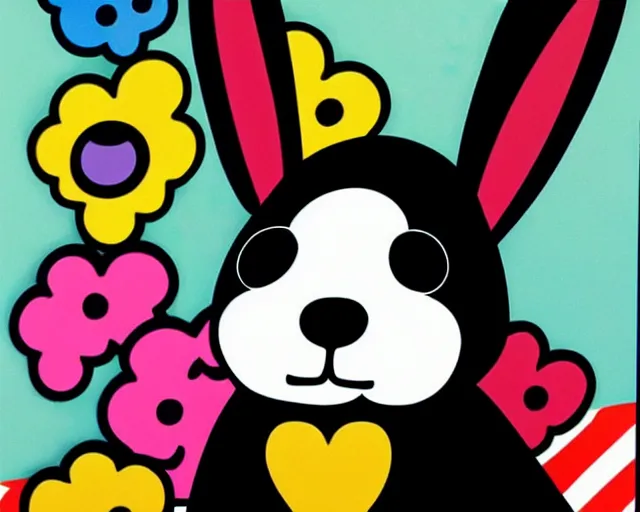 Image similar to a very cute black bunny, black fur with white puffs, fine art by romero britto