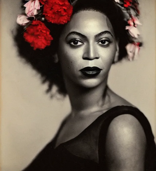 Image similar to Beyonce as a stunning young girl With flowers in her hair, fine art portrait photography by Sarah Moon