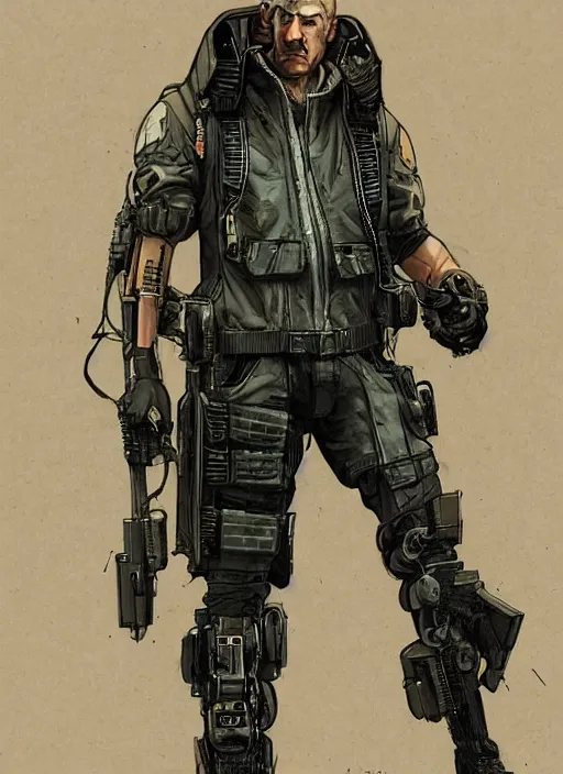 Prompt: menacing cyberpunk mercenary in military vest and jumpsuit. dystopian. portrait by stonehouse and mœbius and will eisner and gil elvgren and pixar. realistic proportions. cyberpunk 2 0 7 7, apex, blade runner 2 0 4 9 concept art. cel shading. attractive face. thick lines.