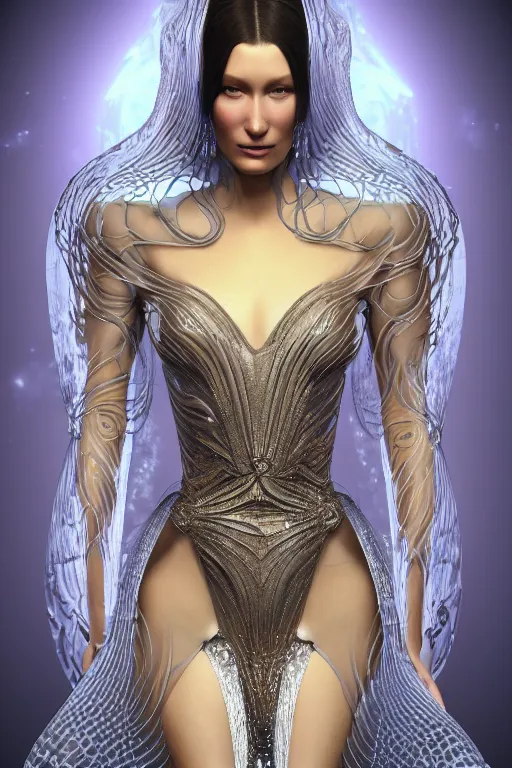 Image similar to a highly detailed portrait of a beautiful alien goddess bella hadid kleopatra in iris van herpen dress in diamonds in style of alphonse mucha art nuvo trending on artstation made in unreal engine 4