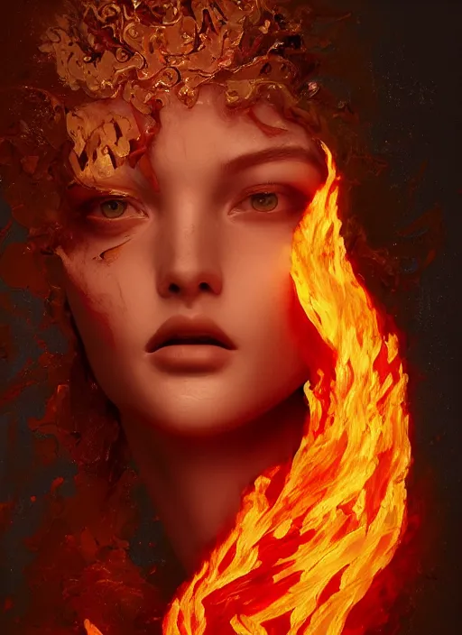 Image similar to sculpture made of flame, portrait, female, future, torch, fire, harper's bazaar, vogue, fashion magazine, intricate, concept art, close up, ornate, luxury, elite, elegant, trending on artstation, by ruan jia, by Kenneth Willardt, by ross tran, by WLOP, by Andrei Riabovitchev,