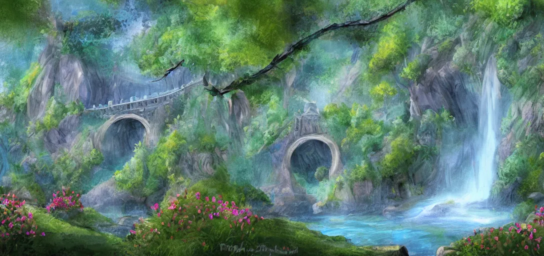 Image similar to Rivendell landscape painted by a five-year old, digital painting