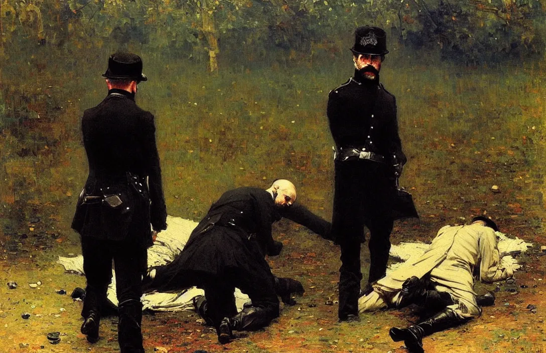 Image similar to victorian policeman finding a dead body, 1 8 9 0 s, detailed painting, epic lighting, by ilya repin, phil hale and kent williams