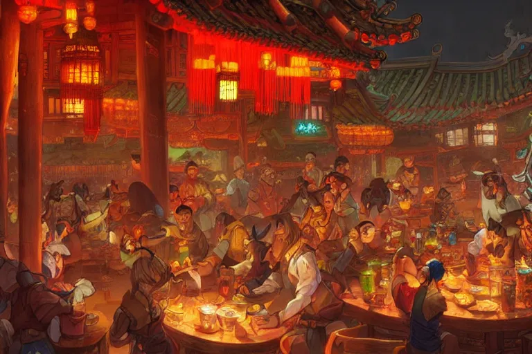 Image similar to fantasy art of a bustling tavern in china, at night, by jesper ejsing, highly detailed digital art, trending on artstation