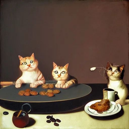 Image similar to highly detailed, 4k, oil painting of cats drinking coffee by Caravaggio, Matisse, and Rothko, surrealism, rendered by unreal engine