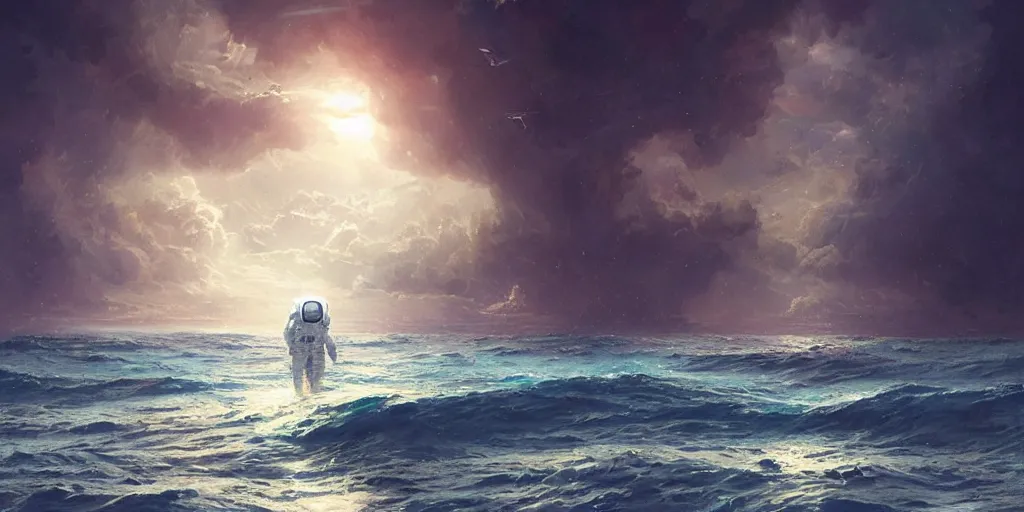 Image similar to an astronaut lost in the ocean,digital art,detailed,ultra realistic,art by greg rutkowski