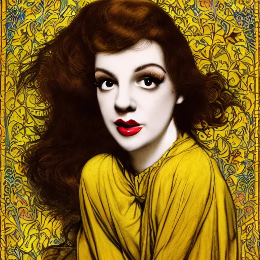 Image similar to hybrid of judy garland and lady gaga, brown fringe, large features, very large big downslanted eyes, large full lips, reclining on flowing bed cool stylish, yellow ochre ornate medieval dress, john william waterhouse, kilian eng, rosetti, john everett millais, william holman hunt, william morris, 4 k