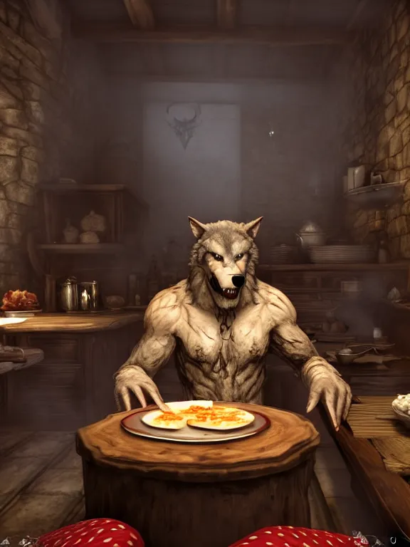 Image similar to cute handsome cuddly burly surly relaxed calm timid werewolf from van helsing sitting down at the breakfast table in the kitchen of a normal country home cooking having fun lighthearted whimsy whimsical baking strawberry tart cakes unreal engine hyperreallistic render 8k character concept art masterpiece screenshot from the video game the Elder Scrolls V: Skyrim