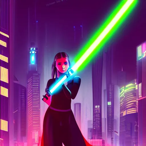 Image similar to a girl holding a lightsaber in a neon cyberpunk city at night, art station, digital art, cinematic, artgerm