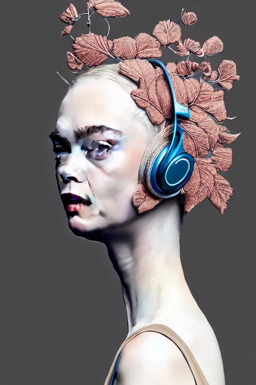 Prompt: complex 3d render ultra detailed of a beautiful porcelain profile elle fanning face with headphones by beats, biomechanical cyborg, analog, 150 mm lens, beautiful natural soft rim light, big leaves and stems, roots, fine foliage lace, silver dechroic pastel colors details, massai warrior, Alexander Mcqueen high fashion haute couture, pearl earring, art nouveau fashion embroidered, steampunk, intricate details, mesh wire, mandelbrot fractal, anatomical, facial muscles, cable wires, microchip, elegant, hyper realistic, ultra detailed, octane render, H.R. Giger style, volumetric lighting, 8k post-production