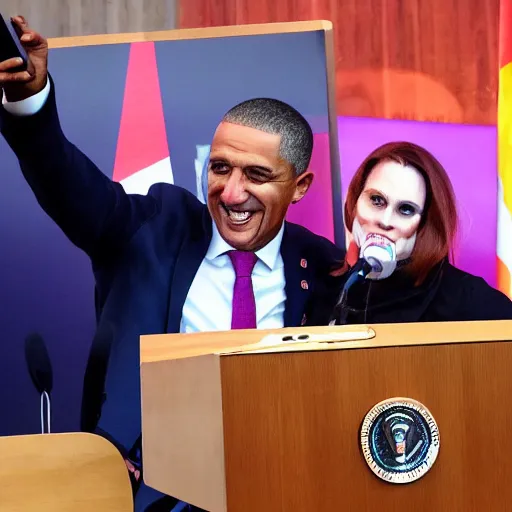 Prompt: president clown taking a selfie in a podium next to first minister