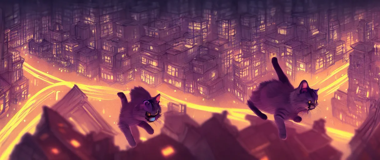 Prompt: hyper detailed concept art of a cute flooffy 3d cat jumping, background the city at night sharp cinematic lighting 8k low angle shallow depth of field