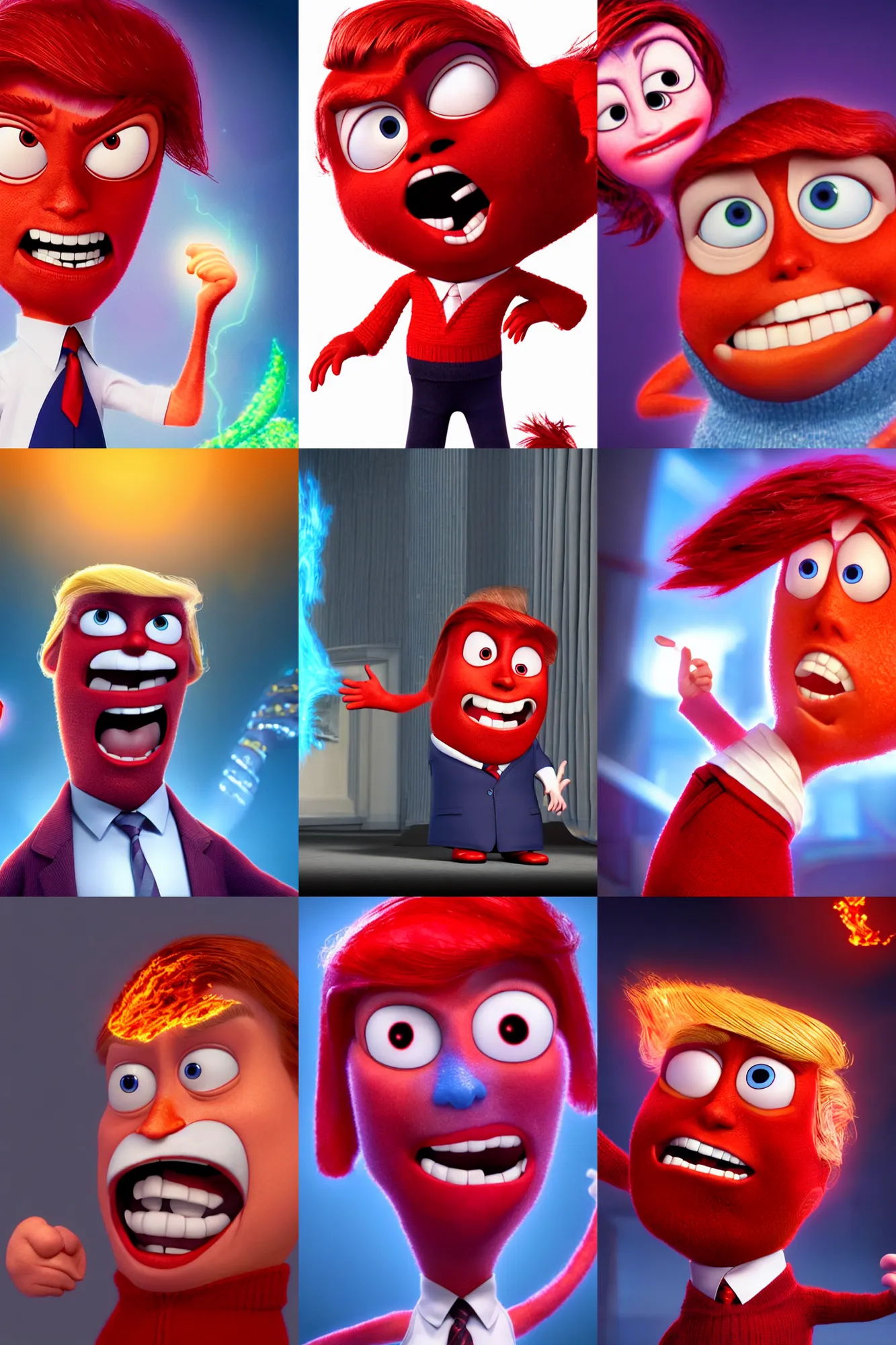 Prompt: a donald trump as red anger in inside out extremely furious and on fire, mr. nimbus character design, sharp, rendered in unreal engine 5, anime key art by glen keane, ross tran, bloom, dramatic lighting, sunrise