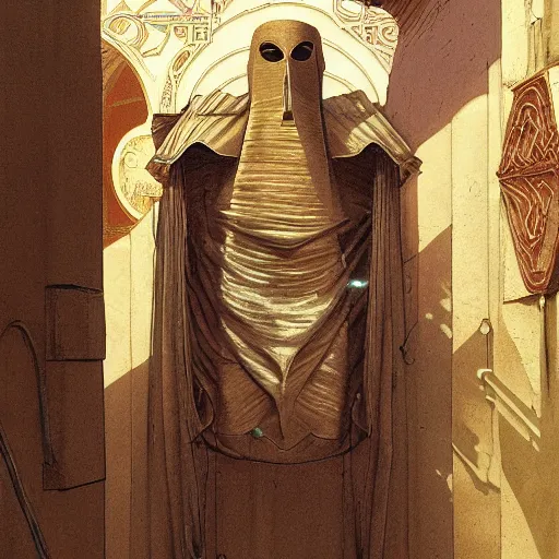 Image similar to portrait of masked Atreides Dune Dynasty on the art deco streets of the Giedi Prime during the Festival of Masks, award-winning realistic sci-fi concept art by Beksinski, Bruegel, Greg Rutkowski, Alphonse Mucha, and Yoshitaka Amano