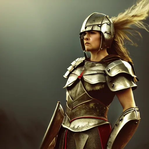 Prompt: pretty female gladiator wearing armor in the arena, shallow depth of field, moody lighting, 8 k, concept art,