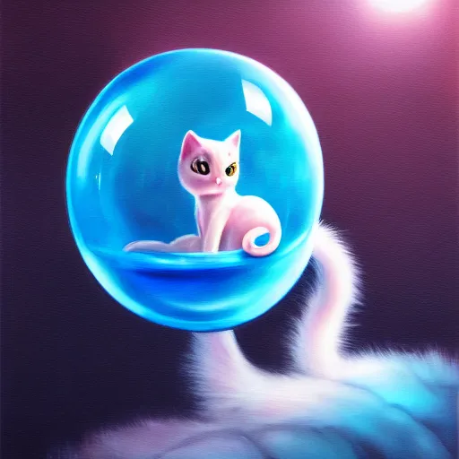 Prompt: cinematic portrait of cute Mew riding large blue bubble, oil on canvas, masterpiece, trending on artstation, featured on pixiv, cinematic composition, dramatic pose, beautiful lighting, sharp, details, hyper-detailed, HD, HDR, 4K, 8K