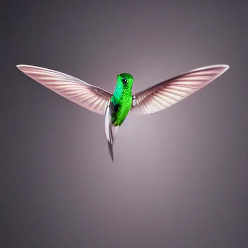 Prompt: realistic!!!! cybernetic!!!!!!!!!!!! Featherless hummingbird, studio lighting, dark background