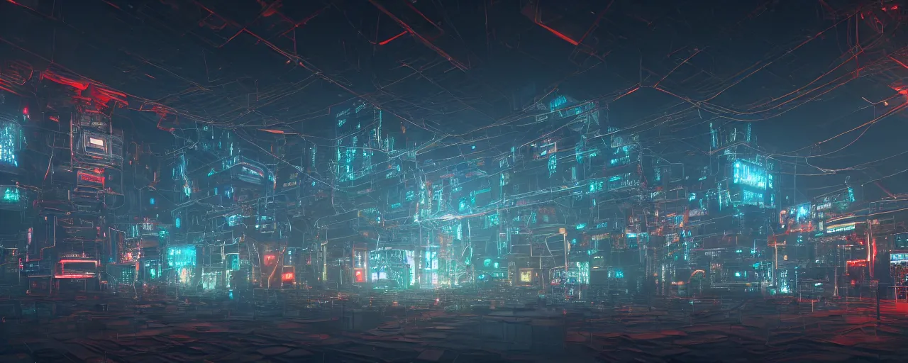 Prompt: an cybernetic temple made of tv screens, wires, glowing computer hardware, buddhist temple, octane render, unreal engine, 8 k, cinematic, artwork by ilya kuvshinov