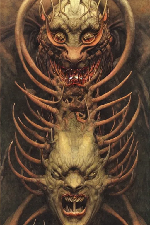 Image similar to a portrait of goetoc demon bune by wayne barlowe, gustav moreau, goward,  Gaston Bussiere and roberto ferri, santiago caruso, and austin osman spare, ((((occult art))))