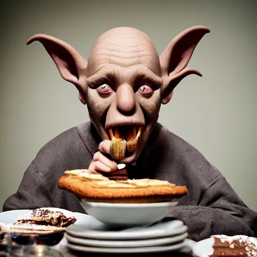 Image similar to closeup portrait of a medieval goblin eating cakes in the cloisters, depth of field, zeiss lens, detailed, symmetrical, centered, fashion photoshoot, by annie leibovitz and steve mccurry, david lazar, jimmy nelsson, breathtaking, 8 k resolution, extremely detailed, beautiful, establishing shot, artistic, hyperrealistic, beautiful face, octane render