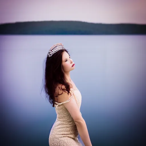 Prompt: modern princess posing in front of lake, profile, portrait photography, 50mm, photography by annie leibovitz, gmaster lens, sony, sharp focus, highly detailed, intricate, elegant, fantasy, 500px, model, backlight,