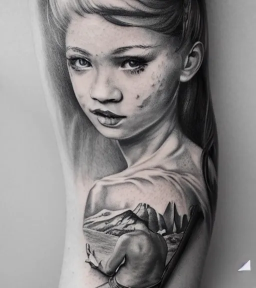 Image similar to a beautiful girl portrait, faded mountain background, realism tattoo, in the style of den yakovlev, black and white, hyper realistic, highly detailed