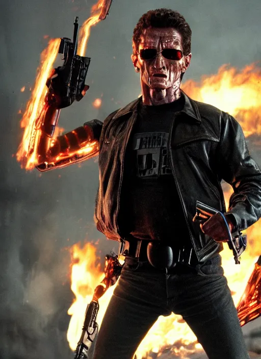 Prompt: film still of Todd Howard as Terminator in Terminator, 4k