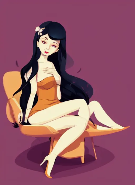 Prompt: beautiful woman with long black hair, tan skin, hourglass figure, dressed as a princess sitting in an armchair. clean cel shaded vector art. shutterstock. behance hd by lois van baarle, artgerm, helen huang, by makoto shinkai and ilya kuvshinov, rossdraws, illustration,