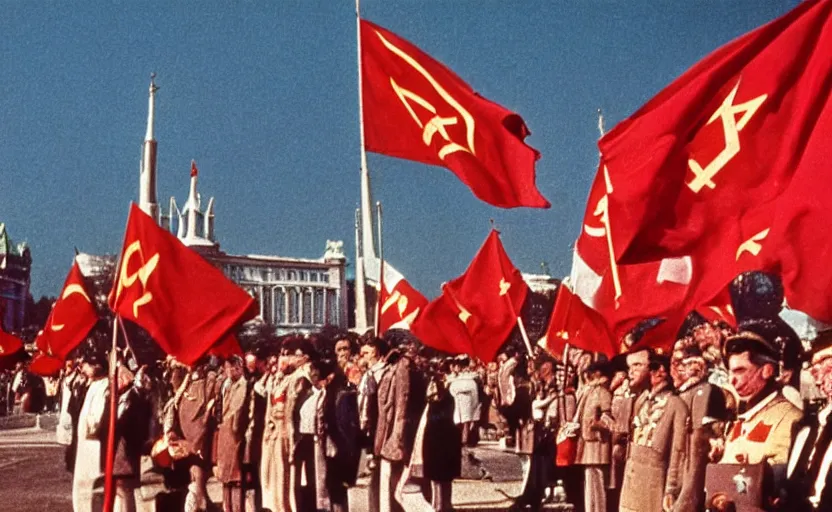 Image similar to 60s movie still of a soviet's ceremony with CCCP flags and a large bronze statue of Karl Marx stanilist style palace backround, by Irving Penn , cinestill 800t 35mm eastmancolor, heavy grainy picture, very detailed, high quality, 4k, HD criterion, precise texture