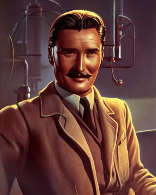 Image similar to Errol Flynn as a scientist. 1980s dystopian Soviet Russia, propaganda screens. Unreal engine, fantasy art by Ignacio Bazan-Lazcano. Faithfully depicted facial expression, perfect anatomy global illumination, radiant light, detailed and intricate environment