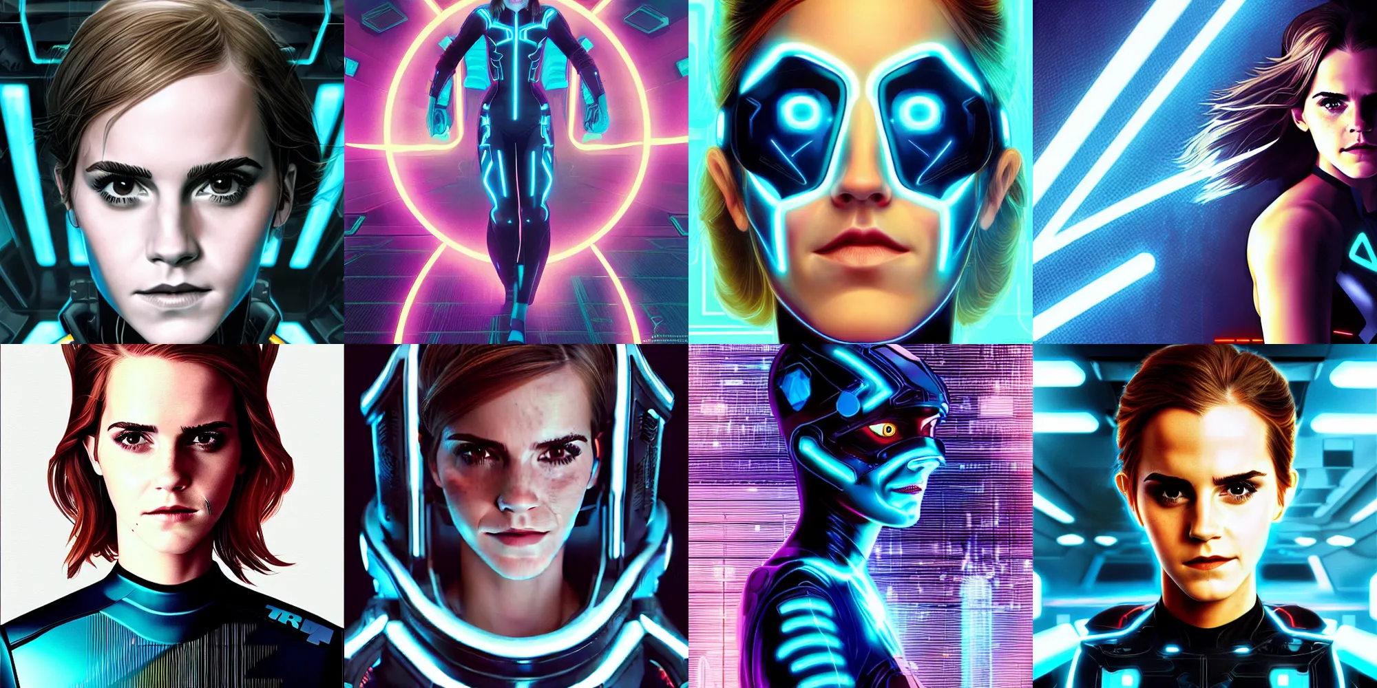 Prompt: portrait closeup of emma watson in a tron legacy costume, symmetrical, cinematic colors, by masamune shirow, dan mumford, karol bak