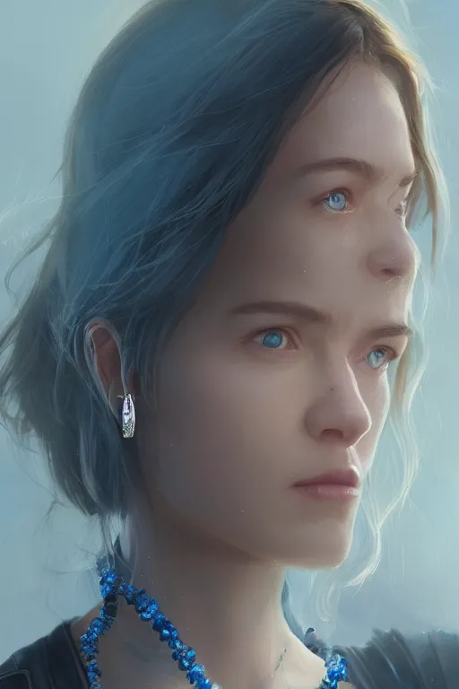 Prompt: A portrait of a women wearing a blue crystal pendant by Greg Rutkowski, Sung Choi, Mitchell Mohrhauser, Maciej Kuciara, Johnson Ting, Maxim Verehin, Peter Konig, Resident evil , 8k photorealistic, cinematic lighting, HD, high details, dramatic, atmospheric , trending on artstation