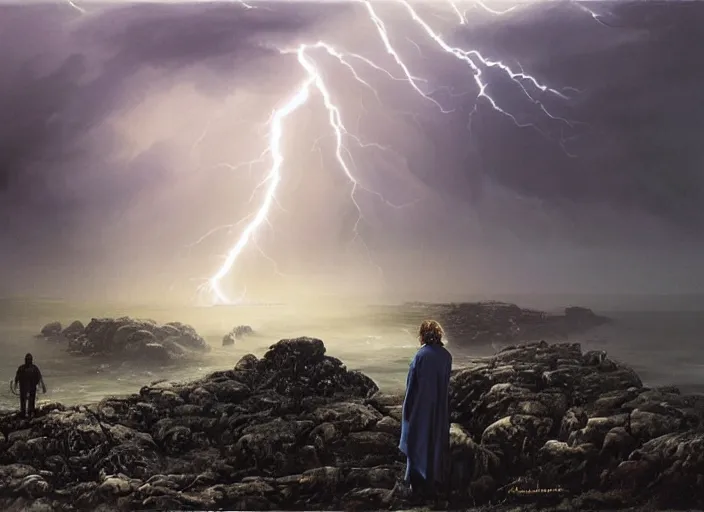 Image similar to a man with a long wavy black hair wearing a long blue coat and stands in the foreground with his back to the viewer. he is on bare rocky ground looking up at an immense approaching lightning storm. roiling dramatic threatening dangerous looming clouds. dramatic fantasy art by michael whelan and greg rutkowski