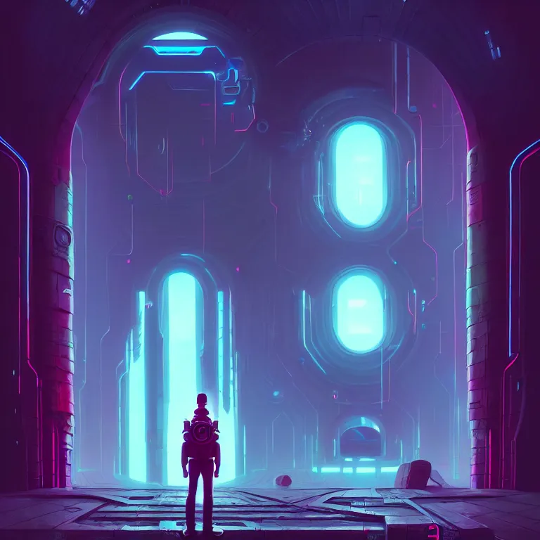 Image similar to a person standing in front of a portal, cyberpunk, epic surrealism, detailed digital matte painting in the style of simon stalenhag, josan gonzalez, artstation, psychedelic