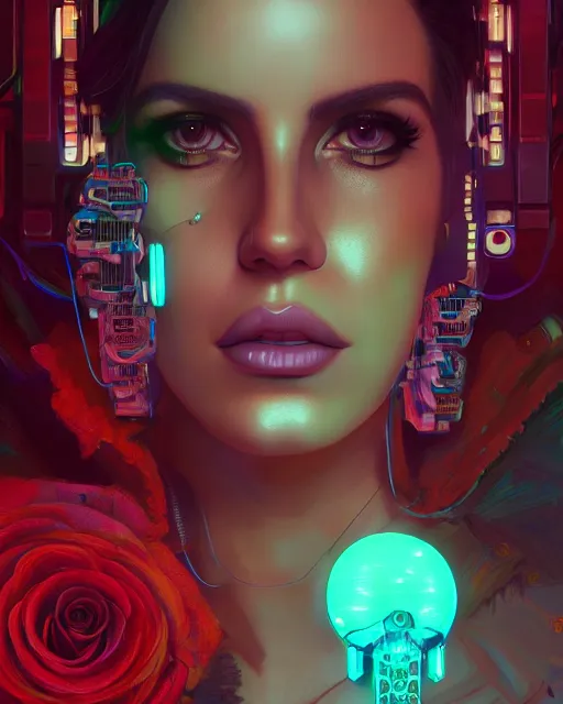 Prompt: portrait of lana del rey as a cyberpunk cyborg. roses, sci - fi, intricate abstract upper body intricate artwork, by tooth wu, wlop, beeple, dan mumford. concept art, octane render, deviantart, greg rutkowski, cinematic arthouse, key art, hyper realism, iridescent accents