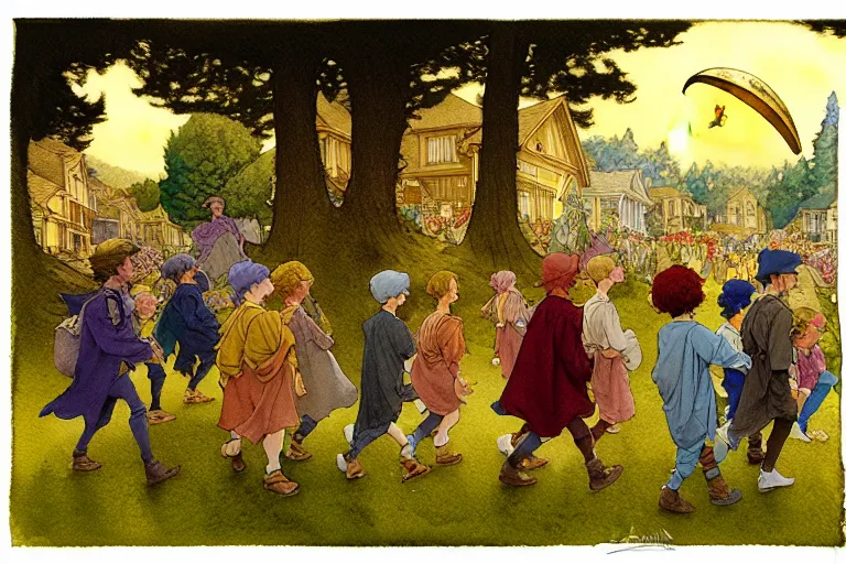 Image similar to a hyperrealist watercolor concept art of the pied piper leading children out of town. an elegant golden ufo is in the sky. very muted colors, by rebecca guay, michael kaluta, charles vess. high detail, hq, wide shot, 4 k