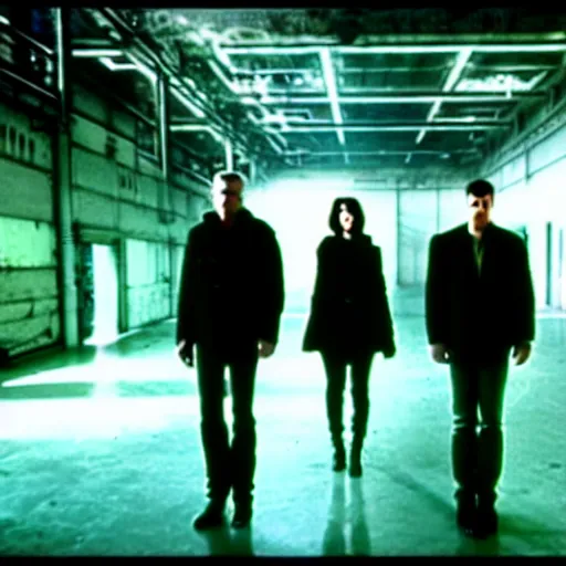 Image similar to replicants standing in an abandoned factory, still from closed circuit tv footage