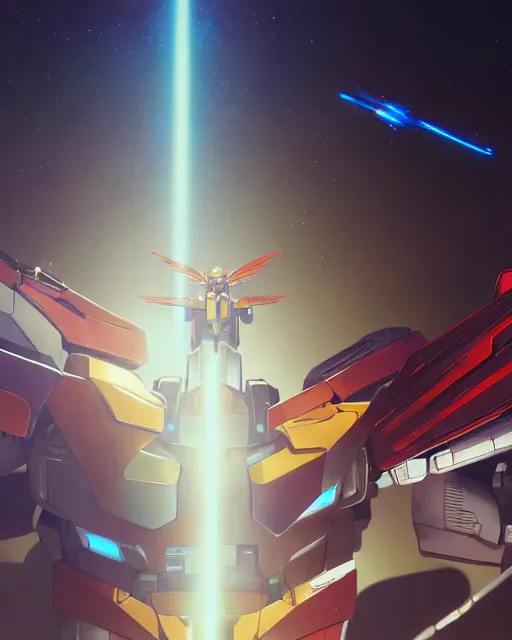 Image similar to highly detailed vfx portrait of a gundam with wings of feathers beam saber fighting in space with a beam gun, unreal engine, greg rutkowski, loish, rhads, beeple, makoto shinkai and lois van baarle, ilya kuvshinov, rossdraws, tom bagshaw, alphonse mucha, global illumination, detailed and intricate environment