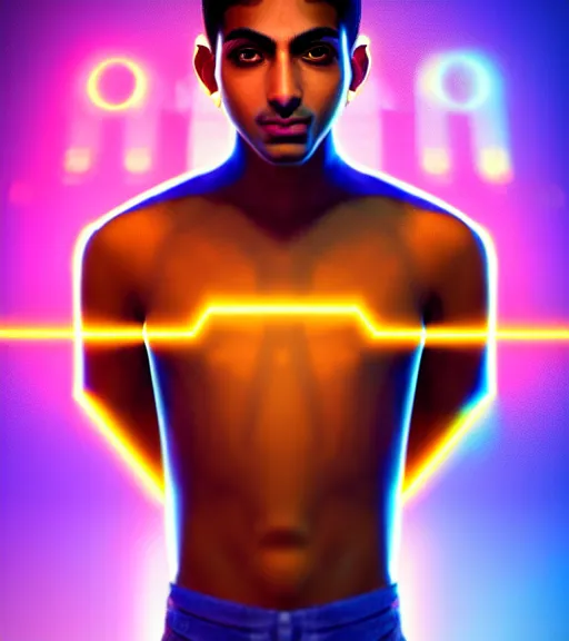 Prompt: symmetry!! egyptian boy prince of technology, solid cube of light, hard edges, product render retro - futuristic poster scifi, lasers and neon circuits, brown skin boy egyptian boy prince, intricate, elegant, highly detailed, digital painting, artstation, concept art, smooth, sharp focus, illustration, dreamlike, art by artgerm