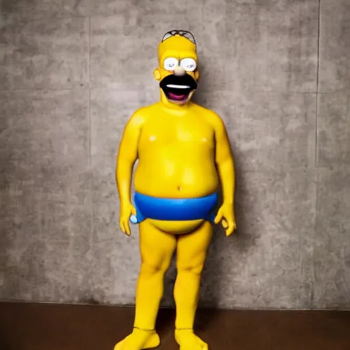 Image similar to celebrity photoshoot of a real life homer simpson, flash