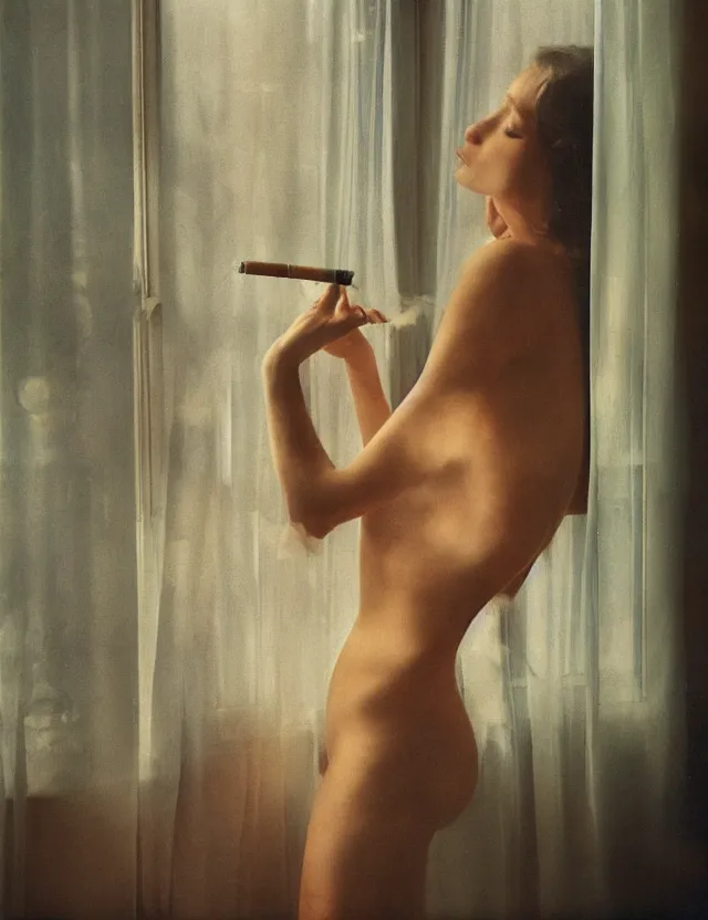 Prompt: beautiful woman in underpants smoking a cigarette and looking in a window, cozy, smoky, room plants, low angle view, golden hour, bleach bypass, warm tones, polaroid, high - key lighting, by lisa yuskavage, by serov valentin, by krenz cushart